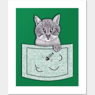 Cat Thief in Pocket! Pencil Drawings (Green) Posters and Art